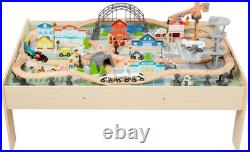 120 Piece Wooden Train Set with Activity Table, Sturdy Tracks, Storage Bin, Easy