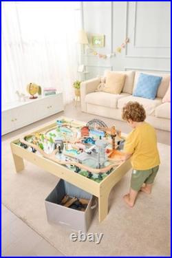 120 Piece Wooden Train Set with Activity Table, Sturdy Tracks, Storage Bin, Easy