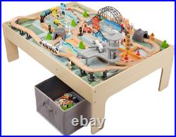 120 Piece Wooden Train Set with Activity Table, Sturdy Tracks, Storage Bin, Easy