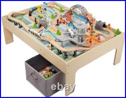 120 Piece Wooden Train Set with Activity Table, Sturdy Tracks, Storage Bin, Easy