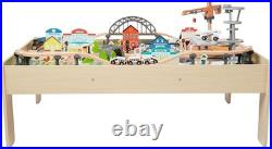 120 Piece Wooden Train Set with Activity Table, Sturdy Tracks, Storage Bin, Easy