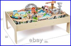 120 Piece Wooden Train Set with Activity Table, Sturdy Tracks, Storage Bin, Easy