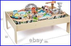 120 Piece Wooden Train Set with Activity Table, Sturdy Tracks, Storage Bin, Easy