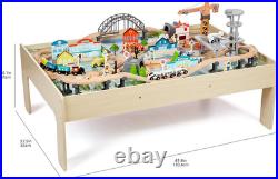 120 Piece Wooden Train Set with Activity Table, Sturdy Tracks, Storage Bin, Easy