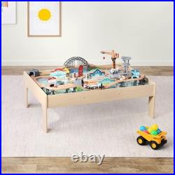120 Piece Wooden Train Set with Activity Table, Sturdy Tracks, Storage Bin, Easy
