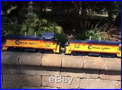 COMPLETE LGB G SCALE TRAIN SET, 280 ft, 3 ENGINES, 16 CARS, 17 BUILDINGS, 3 BRID