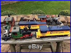 COMPLETE LGB G SCALE TRAIN SET, 280 ft, 4 ENGINES, 19 CARS, 19 BUILDINGS, 3 BRID