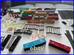 Vtg. HO Scale Train Lot 2 Engines, 12 Freight Cars, Tracks, 2 Transformers, More