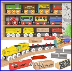 Wooden Train Set 12Pk Magnetic Toy Trains with Storage Box Cover Tunnel for Kids