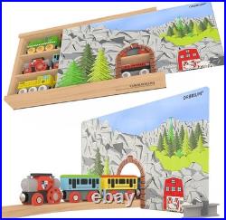 Wooden Train Set 12Pk Magnetic Toy Trains with Storage Box Cover Tunnel for Kids